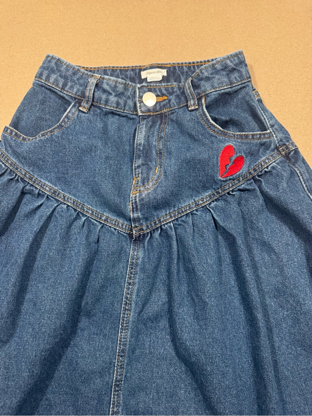 Denim Midi Skirt with Red Broken Heart 
Kimchi urban outfitters Clara skirt xs